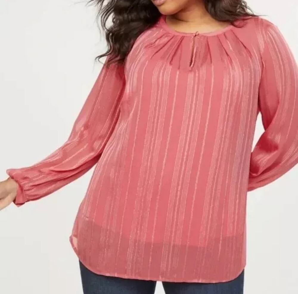 Lane Bryant Blouse Top Long Sleeve Sheer Metallic Thread Relaxed Raspberry 16